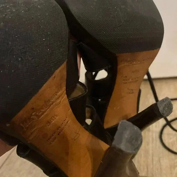 Yves Saint Laurent Black Leather Moorland Lace Up Gladiator Heels - Picture 12 of 14